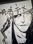  1boy bleach commentary_request eyepatch facial_hair greyscale hair_over_shoulder highres kyouraku_shunsui looking_at_viewer monochrome portrait solo_focus zawazawa0803 