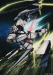  artist_request char's_counterattack commentary_request fin_funnels funnels_(gundam) green_eyes gundam highres holding holding_weapon mecha mecha_focus mobile_suit no_humans nu_gundam official_art robot science_fiction shield space v-fin weapon 