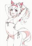  1girl :d ai-generated animal_ears bikini breasts commentary ear_covers grey_background hairband haru_urara_(umamusume) highres horse_ears horse_girl horse_tail kisaragi_shokuin looking_at_viewer micro_bikini monochrome open_mouth pink_eyes ponytail red_hairband simple_background small_breasts smile solo swimsuit tail teeth umamusume upper_teeth_only white_background 