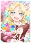  1girl :d blonde_hair blue_eyes blue_flower blue_hair blue_rose border bouquet brown_dress check_commentary commentary_request dress falling_petals fang flower gradient_hair green_flower green_rose gyaru_v hair_flower hair_ornament hasu_no_sora_school_uniform highres holding holding_bouquet kubo_(arachi_ll) link!_like!_love_live! long_sleeves looking_at_viewer love_live! multicolored_hair neckerchief open_mouth orange_flower orange_rose osawa_rurino parted_bangs petals pink_flower pink_petals pink_rose purple_ribbon red_flower red_neckerchief red_rose ribbon rose sailor_collar sailor_dress school_uniform smile solo v virtual_graduation_commemoration virtual_youtuber white_border white_sailor_collar winter_uniform yellow_flower yellow_rose 