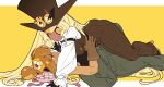  2girls :q @_@ \||/ all_fours ankle_boots ascot ass bare_arms belt black_belt black_boots black_gloves black_shirt blonde_hair boots box breast_press breasts brown_eyes brown_gloves brown_hair brown_hat brown_pants brown_vest candy chocolate closed_mouth clothes_around_waist colored_shoe_soles commentary_request cookie_run cookie_run:_ovenbreak croissant_cookie curly_sidelocks dark-skinned_female dark_skin dot_nose drooling dual_persona eyepatch feet_out_of_frame food food-themed_hair frilled_sleeves frills full_body girl_on_top gloves goggles goggles_on_headwear green_jacket green_pants hair_spread_out hand_up hands_on_another's_hips hat heart heart-shaped_box heart-shaped_chocolate heart-shaped_food heavy_breathing high_heel_boots high_heels highres holding holding_chocolate holding_food humanization jacket jacket_around_waist juliet_sleeves korean_commentary large_hat letterboxed long_hair long_sleeves lying medium_breasts multicolored_hair multiple_girls ohta_guk_hip on_back one_eye_covered orange_streaks outside_border pants pinstripe_pants pinstripe_pattern puffy_long_sleeves puffy_sleeves saliva saliva_trail selfcest shirt short_hair sidelocks simple_background sleeveless sleeveless_shirt spoken_heart streaked_hair sweat tareme thick_thighs thighs timekeeper_cookie tinted_eyewear tongue tongue_out top_hat tsurime two-tone_hair very_long_hair vest white_ascot white_chocolate white_shirt yellow-framed_eyewear yellow-tinted_eyewear yellow_background yuri 