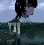  1girl black_eyes black_hair cherry_blossoms closed_mouth cloud commentary_request flower highres oimoti_tn original outdoors shoes sitting sky socks solo spring_(season) water 