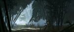  absurdres bamboo bamboo_forest blue_eyes chinese_commentary commentary_request day fog forest fox_statue glowing glowing_eyes highres landscape leaf nature no_humans original outdoors painterly scenery sculpture statue sunlight zhongjusun 