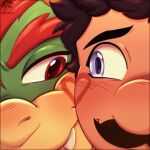 1:1 2025 anthro artist_logo black_eyebrows black_facial_hair black_mustache blue_eyes blush blush_lines bodypaint bowser cheek_to_cheek close-up closed_smile colored dialogue_in_description digital_drawing_(artwork) digital_media_(artwork) duo english_description eyebrows face_paint facial_hair fangs feeniroir front_view green_body hair happy hi_res human king koopa lidded_eyes light lighting logo looking_at_another looking_at_partner luigi male male/male mammal mario_bros mouth_closed mustache nintendo pupils red_eyebrows red_eyes red_hair red_pupils royalty scalie shaded smile smiling_at_another smiling_at_each_other tan_body tan_skin teeth thick_eyebrows