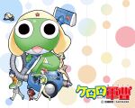  2girls 4boys angol_mois black_eyes black_hair blonde_hair copyright_name frog giroro hat hinata_fuyuki hinata_natsumi keroro keroro_gunsou long_hair multiple_boys multiple_girls official_art official_wallpaper one_eye_closed red_hair sandals shirt short_hair shorts star_(symbol) swimsuit t-shirt tamama twintails vacuum_cleaner yoshizaki_mine 