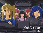  5girls ahoge black_hair black_shirt blonde_hair blue_eyes blue_hair blue_shirt bocchi_the_rock! buttons car_interior choker closed_eyes closed_mouth cross cross_print dated driving drooling gotoh_hitori hair_ornament hairclip heart heart_print high_collar ijichi_nijika kazenota2 kita_ikuyo long_hair long_sidelocks looking_at_viewer multiple_girls night open_mouth parallel_hairclips pink_hair pink_shirt pink_track_suit red_eyes red_hair shirt short_hair side_ponytail sidelocks single_sidelock sleeping steering_wheel sweatdrop track_suit white_choker yamada_ryo 