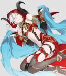  1boy bare_shoulders black_bridal_gauntlets black_horns black_thighhighs blue_shawl braid bridal_gauntlets colored_eyelashes commentary_request cosplay crossdressing crossdressing_(mtf) curved_horns detached_hood fate/grand_order fate_(series) gjtthflmaster grey_eyes hair_between_eyes hands_up high_heels highres holding holding_shawl horns korean_commentary long_hair looking_at_viewer lying male_focus marisbury_animusphere navel on_side parted_lips queen_of_sheba_(fate) queen_of_sheba_(fate)_(cosplay) red_hood red_skirt revealing_clothes shawl showgirl_skirt single_braid skirt solo stomach thigh_strap thighhighs white_hair 
