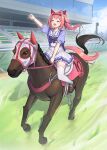  1girl :d ^_^ absurdres akaharuu animal animal_ears blue_sky blush bow brown_shoes building clenched_hand closed_eyes cloud commentary creature_and_personification day ear_bow ear_covers floating_hair frilled_skirt frills hairband haru_urara_(racehorse) haru_urara_(umamusume) headband highres horse horse_ears horse_girl horse_racing horse_racing_track horse_tail horseback_riding long_hair open_mouth outdoors outstretched_arm personification pink_hair pink_headband pleated_skirt ponytail puffy_short_sleeves puffy_sleeves purple_bow purple_shirt real_life red_headband riding sailor_collar sailor_shirt school_uniform shirt shoes short_sleeves skirt sky smile tail thighhighs tracen_school_uniform umamusume white_skirt white_thighhighs 