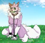 anthro bone_gag bound busybunny chain chained collar cuffs_(clothing) dipstick_ears dipstick_hair ear_markings female fur gag generation_7_pokemon green_eyes hi_res jewelry lycanroc metal_collar midday_lycanroc multicolored_ears necklace nintendo nipple_piercing nipples outside piercing pokemon pokemon_(species) public public_exposure purple_body purple_fur solo spread_legs spreading white_body white_fur