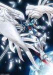  commentary_request energy_gun feathers green_eyes gun gundam gundam_wing gundam_wing:_endless_waltz highres holding holding_weapon kosaka_daiki mecha mecha_focus mechanical_wings mobile_suit no_humans robot science_fiction solo v-fin weapon wing_gundam_zero_custom wings 