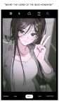  1girl bags_under_eyes black_hair blush camera_interface camera_viewfinder english_text grey_eyes grey_jacket han_yoil highres jacket long_hair looking_at_viewer selfie shirt shirt_under_jacket solo sweatdrop today's_han_yoil_is_a_woman upper_body v white_shirt 
