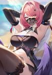  1girl ai-generated alisa_sfw_(ai) armpits arms_behind_head arms_up beach black_wings breasts cleavage highres large_breasts looking_at_viewer mask medium_hair mouth_mask navel pink_hair pointy_ears purple_eyes ramiel_(zenless_zone_zero) short_hair solo wings zenless_zone_zero 