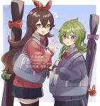  2girls :d \||/ amber_(genshin_impact) bag bag_charm black_skirt black_thighhighs blue_background blue_sweater blush border bow bowtie bright_pupils brown_hair charm_(object) collei_(genshin_impact) commentary_request corn_kuten cowboy_shot crossed_bangs dot_nose double-parted_bangs genshin_impact green_hair hair_between_eyes hair_ribbon long_hair long_sleeves looking_at_viewer miniskirt multiple_girls notice_lines open_mouth outside_border pleated_skirt purple_eyes red_bow red_bowtie red_ribbon red_sweater ribbon school_bag school_uniform skirt sleeves_past_wrists smile sweater thighhighs watermark white_border white_pupils yellow_eyes zettai_ryouiki 