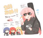  <o>_<o> 4girls :d :o black_hoodie blonde_hair blue_hair blush bocchi_the_rock! bottle chibi commentary_request cube_hair_ornament flying_sweatdrops gotoh_hitori gotoh_hitori_(tsuchinoko) guitar_case hair_ornament hand_up holding holding_bottle hood hood_down hoodie ijichi_nijika instrument_case jitome kessoku_band kessoku_band_logo kita_ikuyo long_hair long_sleeves multiple_girls no_mouth one_side_up open_mouth pink_hair rebecca_(keinelove) short_hair simple_background smile sparkle sunglasses translation_request v white_background yamada_ryo yellow_eyes 
