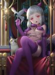  1girl animal_ears bird book bow breasts cat cat_ears copyright_request elbow_gloves fur_trim gloves head_tilt hk_(hk) long_hair looking_at_viewer md5_mismatch o-ring open_mouth pink_bow red_eyes sitting small_breasts thighhighs upper_teeth 