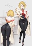  1girl :3 ass black_gloves black_pants blonde_hair braid breasts brown_coat brown_pantyhose coat commentary_request cosplay crown_braid gloves green_eyes grey_background hair_ornament hairclip highres large_breasts looking_at_viewer multiple_views off_shoulder pants pantyhose pointy_ears princess_zelda purah purah_(cosplay) red-framed_eyewear semi-rimless_eyewear shirt short_hair shuri_(84k) sleeveless sleeveless_shirt smile the_legend_of_zelda the_legend_of_zelda:_tears_of_the_kingdom translation_request white_shirt 