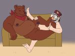 anthro arm_hair balls bear belly big_belly body_hair brown_bear clothing denki404 disney duo erection eyes_closed eyewear fez foot_lick furniture genitals glasses gravity_falls hat hat_only headgear headgear_only headwear headwear_only hi_res human kerchief kerchief_only leg_hair licking male male/male mammal moobs mostly_nude musclegut muscular navel nipples open_mouth overweight overweight_anthro overweight_male sex sitting size_difference sofa stan_pines tongue uncle_rusty_(little_bear) ursine