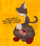 anal_fluids anthro anus backsack balls black_body black_fur blep bodily_fluids butt cat-sith celtic_mythology crown digital_drawing_(artwork) digital_media_(artwork) english_description english_text european_mythology eyes_closed felid fur gaping gaping_anus genitals headgear hhbrother hi_res male mammal musky_anus mythology pink_anus solo sweat sweaty_butt tail talking_to_viewer text thin_tail tongue tongue_out whiskers white_body white_fur