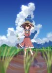  1girl absurdres arm_up ascot barefoot blue_sky blurry bow brown_hair closed_eyes cloud collared_shirt commentary_request day depth_of_field facing_ahead facing_viewer farming floating_clothes frown full_body gasubanana hair_bow hair_tubes hakurei_reimu hand_on_own_head hat highres holding_grass long_hair medium_skirt open_mouth outdoors red_bow red_shirt red_skirt rice_hat rice_paddy shirt sidelocks skirt sky sleeveless sleeveless_shirt solo standing straight-on touhou yellow_ascot 