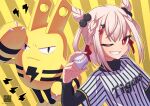  1girl ball baseball_(object) baseball_uniform bright_pupils claws commentary_request cone_hair_bun crossover elekid grin hair_bun hanshin_tigers hibun_tsukasa highres holding holding_ball one_eye_closed pokemon pokemon_(creature) red_eyes red_ribbon ribbon shiratama_utano smile sportswear striped_background univirtual upper_body virtual_youtuber white_pupils yellow_background 