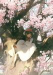  1girl artist_name blue_eyes boots bow bowtie brown_boots brown_hair cherry_blossoms commentary_request dappled_sunlight day dress flower hair_flowing_over hat hat_flower headwear_request highres in_tree long_hair long_sleeves looking_at_viewer original outdoors petals pink_petals potg_(piotegu) red_bow red_bowtie signature sitting sitting_in_tree solo spring_(season) sunlight tree white_dress white_hat 