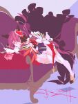  1girl animal_ears chair commentary_request dress echoo flower gentildonna_(regina_dei_fiori)_(umamusume) gentildonna_(umamusume) gloves hair_ornament high_heels highres holding holding_flower horse_ears horse_girl leaning_forward long_dress long_hair looking_at_viewer on_chair red_dress red_eyes red_hair rose smile solo umamusume white_gloves 