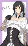  1girl absurdres april arm_at_side artist_name assault_lily bare_shoulders black_hair blush border brown_eyes closed_mouth commentary_request cosplay cross-laced_clothes cross-laced_dress dress drop_shadow frilled_dress frills hand_up hashtag hata_matsuri hata_matsuri_(cosplay) highres lace lace_sleeves long_sleeves looking_at_viewer medium_hair multicolored_hair off-shoulder_dress off_shoulder outside_border purple_border real_life senri_(senri03151221) simple_background sleeves_past_wrists smile solo standing tanaka_tomomi translated two-tone_dress two-tone_hair upper_body voice_actor voice_actor_connection white_background white_dress white_hair 