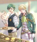  2boys :d :o andoupcw blonde_hair blue_eyes bread coat commentary_request donut double-parted_bangs eiyuu_densetsu folded_collar food glasses gloves green_eyes green_hair green_necktie hair_between_eyes high_collar holding holding_tongs holding_tray indoors jusis_albarea long_sleeves machias_regnitz male_focus multiple_boys necktie open_clothes open_coat open_mouth parted_bangs pointing sen_no_kiseki_(series) shirt short_hair sleeveless sleeveless_sweater smile sweater tongs tray twitter_username upper_body white_gloves white_shirt 