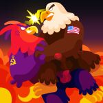 1:1 3_toes 4_fingers absurd_res accipitrid accipitriform american_flag anal anal_penetration anthro arm_tattoo arm_tuft avian bald_eagle balls beak bird brown_body brown_feathers cel_shading circumcised clenched_teeth communism cross-popping_vein duo eagle elbow_tuft erection explosion feathers feet fingers flag from_behind_position genitals gradient_background hammer_and_sickle hi_res kurzgesagt lineless male male/male penetration penis politics pubes purple_body purple_feathers quasarbearcat red_body red_feathers russian sea_eagle sex shaded shoulder_tattoo simple_background smile soviet_union star_symbol tattoo teeth toes tuft united_states_of_america white_body white_eyes white_feathers wrestling 