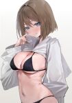  1girl alternate_costume bikini bikini_under_clothes black_bikini blue_eyes breasts brown_hair commentary grey_shrug highres hooded_shrug kantai_collection maya_(kancolle) medium_breasts meme_attire_request navel parted_lips picoli1313 short_hair shrug_(clothing) solo swimsuit upper_body white_background 