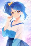  1girl aged_up artist_name backlighting blue_eyes blue_hair blue_shirt blue_skirt blue_sky bow casual cherry_blossoms closed_mouth commentary cowboy_shot cut_bangs day hair_bow half-closed_eyes hirogaru_sky!_precure holding holding_petal kyanos_(b_0000ff) long_sleeves looking_at_viewer medium_hair outdoors petals pleated_skirt precure shirt side_ponytail signature single_sidelock skirt sky smile solo sora_harewataru spring_(season) standing t-shirt two-tone_shirt v-neck white_shirt wind yellow_bow 