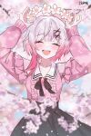  1girl book_off cherry_blossoms closed_eyes closed_mouth collarbone commentary_request head_wreath highres mahou_shoujo_no_majo_saiban open_mouth pink_hair pinkisangel sakuraba_ema solo spring_(season) white_hair 