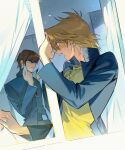  2boys absurdres belt blonde_hair blush brown_hair commentary_request curtains dutch_angle highres inkerpape jacket jewelry jonouchi_katsuya kaiba_seto multiple_boys necklace open_mouth school_uniform shirt short_hair window yellow_shirt yu-gi-oh! yu-gi-oh!_duel_monsters 
