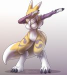  anthro black_claws breasts canid canine chest_tuft claws clothing dabbing digimon digimon_(species) female fingers fox fur gloves handwear hi_res mammal markings meme nancher purple_body purple_fur purple_markings renamon solo standing toe_claws tuft white_body white_fur yellow_body yellow_fur 