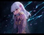  1girl armlet bangs breasts circlet collar dress earrings fate/grand_order fate_(series) hair_ribbon hand_in_hair jewelry kama_(fate/grand_order) large_breasts long_hair looking_at_viewer metal_collar mins_(minevi) parted_lips petals pink_eyes pink_ribbon purple_dress purple_sleeves ribbon silver_hair 