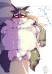  2020 anthro balls bed blush bodily_fluids bumomomoboa censored cum cum_on_stomach erection furniture genital_fluids genitals hi_res kemono lying male moobs navel nipples overweight overweight_anthro overweight_male penis pillow solo tokyo_afterschool_summoners tsathoggua video_games 