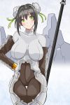  1girl 41_(taskmaster41) absurdres arm_guards bangs black_gloves black_hair blush bodysuit breasts bun_cover covered_navel double_bun elbow_gloves fate/grand_order fate_(series) fingerless_gloves gloves green_eyes green_ribbon highres jewelry large_breasts looking_at_viewer neck_ring polearm qin_liangyu_(fate) ribbon sidelocks smile spear thighs weapon white_bodysuit 