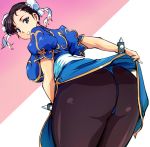  1girl ass blue_dress bracelet breasts brown_eyes brown_hair brown_legwear bun_cover china_dress chinese_clothes chun-li double_bun dress dress_lift earrings from_behind gold_trim jewelry looking_at_viewer looking_back medium_breasts open_mouth pantyhose pelvic_curtain presenting puffy_sleeves sash short_sleeves simple_background solo spiked_bracelet spikes standing street_fighter thighs yuya 