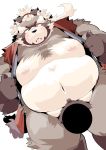  2020 absurd_res anthro belly blush brown_body brown_fur canid canine censored fur goemon_(tas) hi_res kemono male mammal moobs nipples overweight overweight_anthro overweight_male pubes raccoon_dog sigenoya simple_background solo takotyutyu tanuki tokyo_afterschool_summoners video_games white_background 