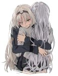  2girls ak-12_(girls_frontline) an-94_(girls_frontline) aqua_eyes defy_(girls_frontline) girls_frontline hair_ornament highres hug long_hair multiple_girls ponytail uniform very_long_hair white_background white_hair 