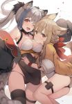  2girls :o ;d animal_ear_fluff animal_ears armpits ass ass_visible_through_thighs baggy_clothes bangs bare_shoulders black_jacket black_legwear black_panties blush braid breast_press breasts brown_eyes brown_hair brown_jacket brown_legwear cat_ears cat_tail check_copyright cleavage commentary_request copyright_request covered_navel dog_ears eyebrows_visible_through_hair final_fantasy final_fantasy_xiv grey_shirt hair_ornament hair_ribbon hand_on_another&#039;s_stomach highres jacket large_breasts long_hair long_sleeves looking_at_viewer multicolored_hair multiple_girls off-shoulder_jacket off_shoulder one_eye_closed open_mouth original panties parted_lips red_ribbon ribbon shirt single_thighhigh small_breasts smile srm_chi strapless tail thigh_strap thighhighs underwear wide_sleeves wristband 