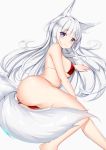  1girl absurdres animal_ear_fluff animal_ears ass azur_lane bangs bare_arms bare_legs bare_shoulders barefoot bikini blush breasts closed_mouth commentary_request covered_nipples eyebrows_visible_through_hair feet_out_of_frame fox_ears fox_tail highres knees_together_feet_apart large_breasts long_hair looking_at_viewer lying on_side purple_eyes red_bikini shinano_(azur_lane) silver_hair simple_background solo swimsuit tail thighs tming white_background 