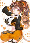  1girl absurdres blush brown_eyes brown_hair commentary_request earrings fingerless_gloves food fruit gloves hair_ornament highres jewelry looking_at_viewer midriff nail_polish orange orange_theme paws re:act shishigami_leona shorts side_ponytail solo v white_background x_hair_ornament 