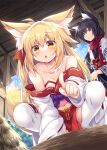  2girls :o animal_ear_fluff animal_ears bangs bare_shoulders barn black_hair blonde_hair blue_eyes blush ceiling collarbone commentary_request day eyebrows_visible_through_hair fox_ears fox_girl fox_tail hair_between_eyes hair_ribbon highres index_finger_raised long_hair long_sleeves looking_at_another looking_at_viewer multiple_girls navel off_shoulder original parted_lips pelvic_curtain red_ribbon red_scarf ribbon ribbon-trimmed_sleeves ribbon_trim roshin scarf squatting tail thighhighs white_legwear wooden_ceiling yellow_eyes 