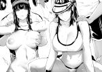  1boy 1girl bangs bare_shoulders black_pants blush breast_grab breasts breasts_outside dumbbell exercise grabbing greyscale hands_on_another&#039;s_shoulders highres large_breasts lifting long_hair monochrome muscle muscular_female naoko_(9113419) navel nipples original out_of_frame pants parted_lips short_sleeves sidelocks sitting sports_bra sports_bra_lift standing sweat toned weightlifting weights 