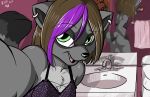  absurd_res anthro bathroom bra breasts butt cellphone clothed clothing digital_media_(artwork) female fur hair hi_res looking_at_viewer mammal mirror phone procyonid raccoon reflection reo_grand sam_(pink) selfie smile solo underwear 