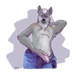  2020 absurd_res ambrose_stark anthro clothing digital_media_(artwork) fur genitals grey_body grey_fur hair hi_res humanoid humanoid_genitalia humanoid_penis hyaenid looking_at_viewer male mammal penis pink_hair solo uncut wobbletiddy 