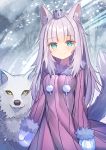  1girl animal animal_ears blue_eyes blush breasts closed_mouth commentary_request copyright_request crown dress fur-trimmed_dress fur-trimmed_sleeves fur_trim long_hair long_sleeves looking_at_viewer medium_breasts mini_crown mittens pink_dress purple_hair rk_(rktorinegi) smile snowing solo striped tail tail_raised vertical-striped_dress vertical_stripes very_long_hair white_mittens wolf wolf_ears wolf_girl wolf_tail yellow_eyes 