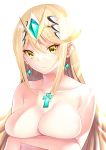  1girl bangs blonde_hair breasts chest_jewel collarbone daive earrings highres jewelry large_breasts long_hair looking_at_viewer mythra_(xenoblade) nude simple_background solo swept_bangs tiara white_background xenoblade_chronicles_(series) xenoblade_chronicles_2 yellow_eyes 