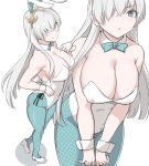  1girl anastasia_(fate) animal_ears aqua_eyes bow bowtie breasts bunny_ears bunnysuit cleavage collar eyes_visible_through_hair fake_animal_ears fate/grand_order fate_(series) fishnet_legwear fishnets full_body hair_between_eyes high_heels large_breasts leotard parted_lips shiseki_hirame silver_hair sleeve_cuffs smile solo 